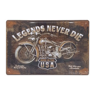 ป้ายสังกะสีวินเทจ Harley Davidson Legends Never Die (ปั๊มนูน)