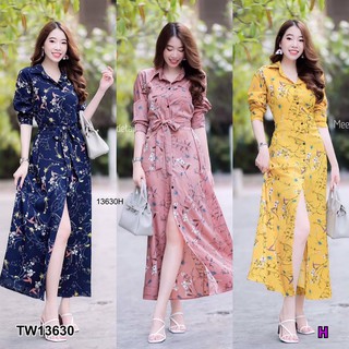 J13630 Maxi Dress เดรสเชิ้ตยาว กระดุมผ่าหน้า ลายดอกไม้