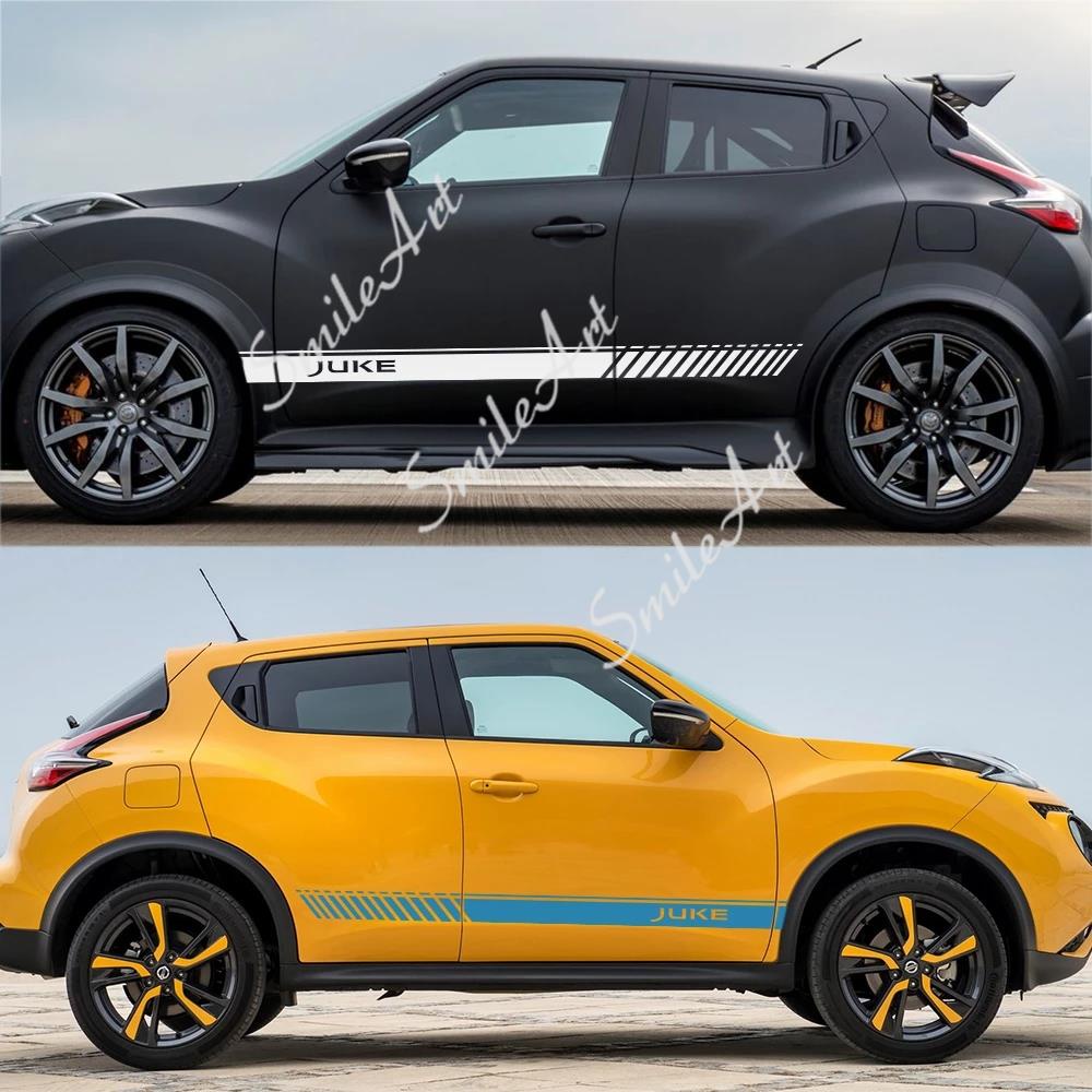 2PCS สําหรับ Nissan Juke Auto ทั้งด้านข้างตกแต่งกราฟิกไวนิล Stripes Decals รถประตูด้านข้างกระโปรงสติกเกอร์ Racing ปรับอุปกรณ์เสริม
