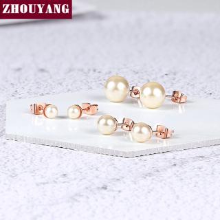 ด้านคุณภาพ ZHOUYANG E240 ต่างหูไข่มุกเทียมสี Rose Gold ต่างหูสตั๊ดแฟชั่นเครื่องประดับคริสตัลออสเตรีย