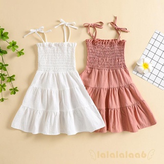 LAA6-Children Girl Dress, Solid Color Pleated Elastic Chest Tie Up Sling Shoulder Straps Casual Cake Dress