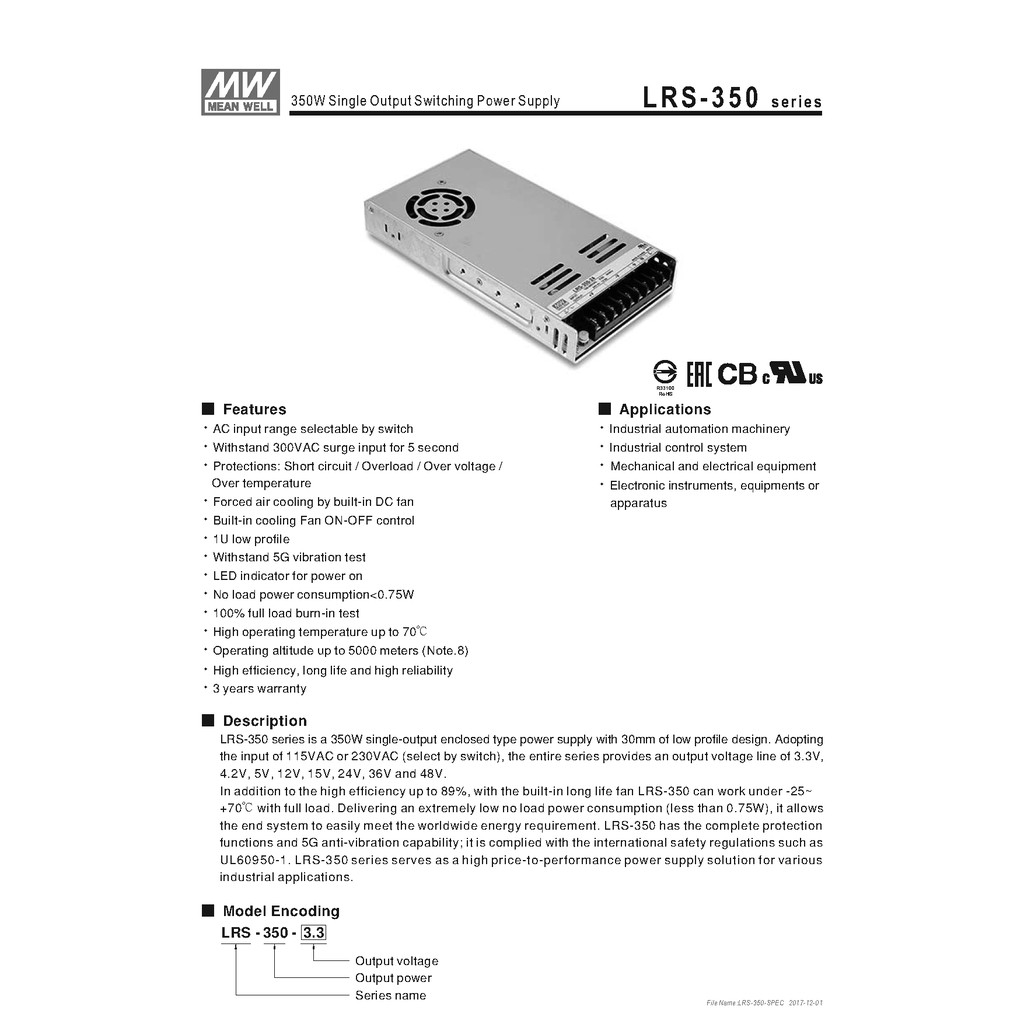 Meanwell หม้อแปลง 12V สวิทชิ่ง Mean Well 29A 350W LRS-350-12 - รูปที่ 2