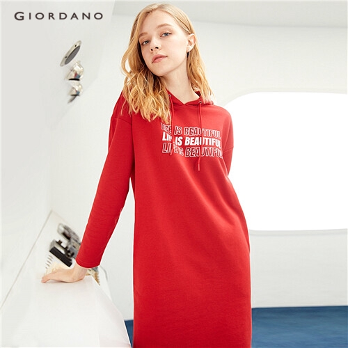 GIORDANO WOMEN Printed letter hoodie sweatshirt dress 05469889