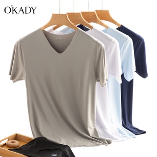 OKADY เสื้อยืดแขนสั้นผู้ชายฤดูร้อนใหม่สีทึบผ้าไหมน้ำแข็งเย็นแขนสั้นบางระบายอากาศแฟชั่นเสื้อยืดคุณภาพสูง