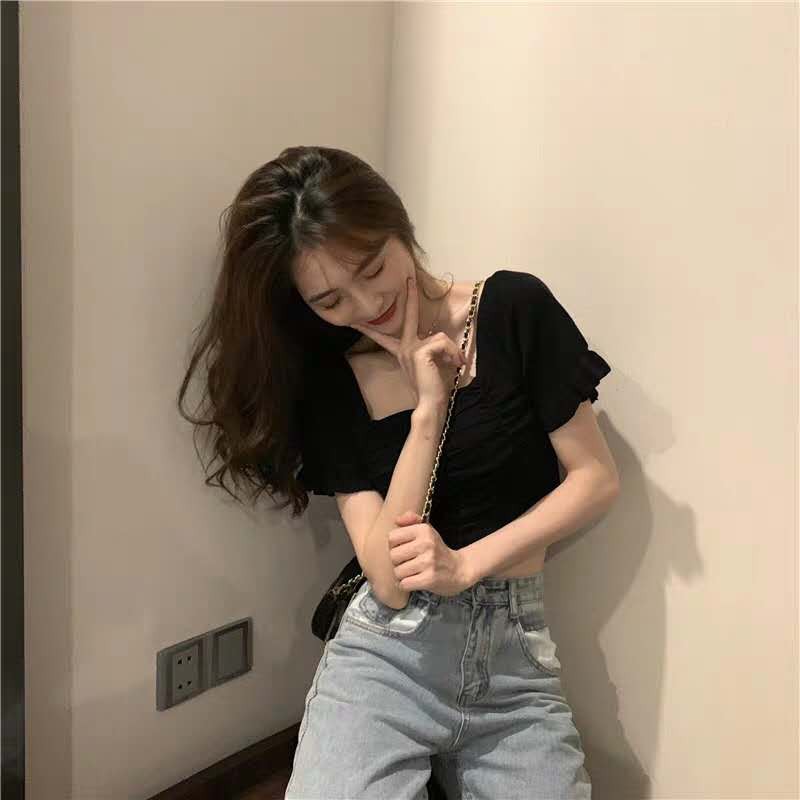 [ รุ่น 005-3 ] Best clothes เสื้อครอปไหมพรมคอเหลี่ยมแขนสั้นทรงรัดรูปแฟชั่นเกาหลี - รูปที่ 2