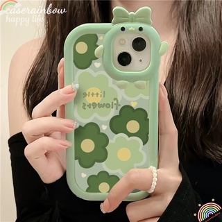 เคสโทรศัพท์มือถือ TPU นิ่ม ลายดอกไม้ 3D ผูกโบว์ สีเขียว สําหรับ IPhone 11 13 12 Pro MAX 8 7 Plus 14 Pro MAX 6 6S 7 8 14 Plus XR X XS MAX SE เคส