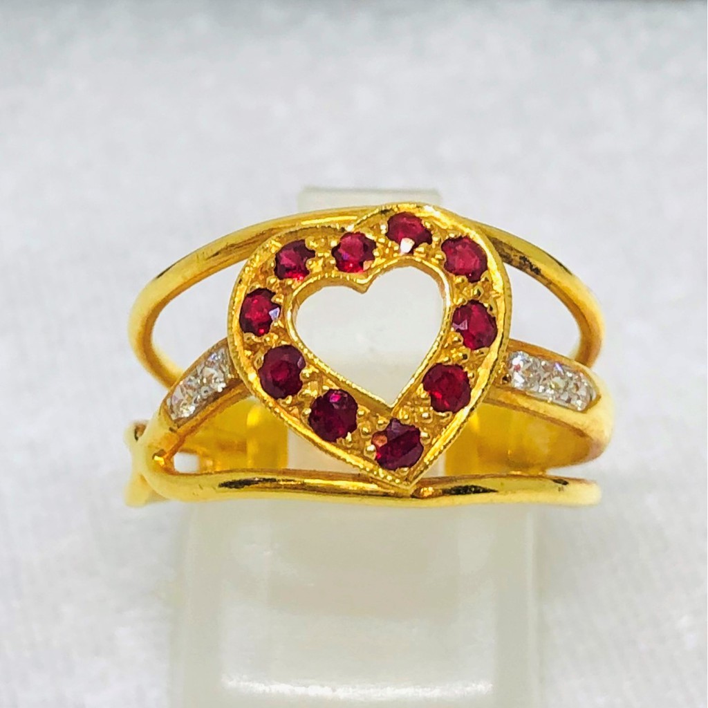 แหวนทอง💫size 54; แหวนทองพลอยแดง ทับทิมพม่า เพชรสวิส หัวใจ A16100