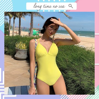 🌊🇹🇭 ชุดว่ายน้ำวันพีชสีเหลือง สายปรับได้ สไตล์เกาหลี Basic not basic  รุ่น Strappy One Piece Swimsuit