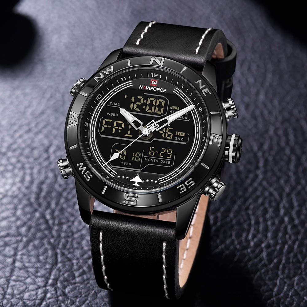 naviforce watch แท้ ของแท้ 2ระบบรุ่น NF9144-B/W/B สายหนังสีดำ กันน้ำ 30 เมตร รับประกัน 1ปี