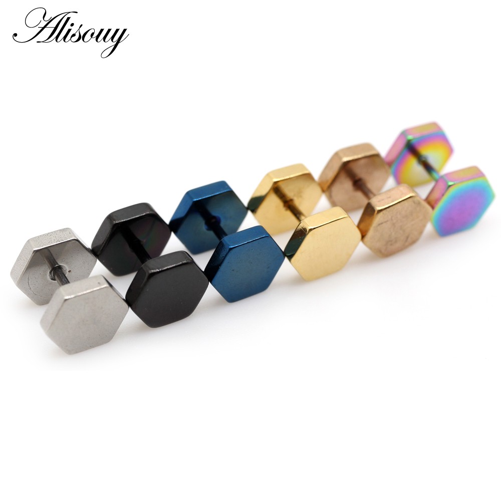 Alisouy ต่างหูสตั๊ด สเตนเลส ทรงหกเหลี่ยม กว้าง 4-8 มม. 6 สี สําหรับผู้ชาย 2 ชิ้น