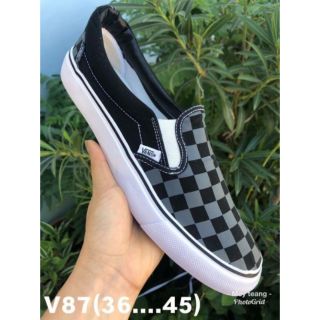 🚛 พร้อมส่ง... รองเท้าผู้ใหญ่แบบสวม Vans Slip-on ตารางเทาดำ sz.
36-45