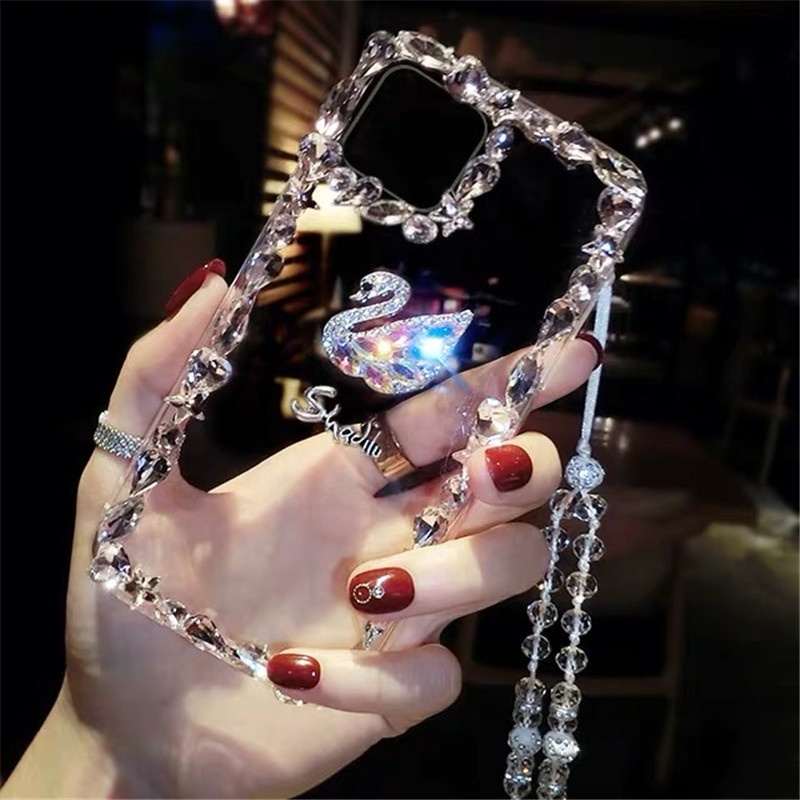 เคสโทรศัพท์มือถือ แบบใส ลายหงส์ ประดับเพชรเทียม สําหรับ Samsung S23 S22 Ultra S21 S20 Plus S10 S9 S8 Plus S7 Edge S20fe S21fe Note 20 10 9 8