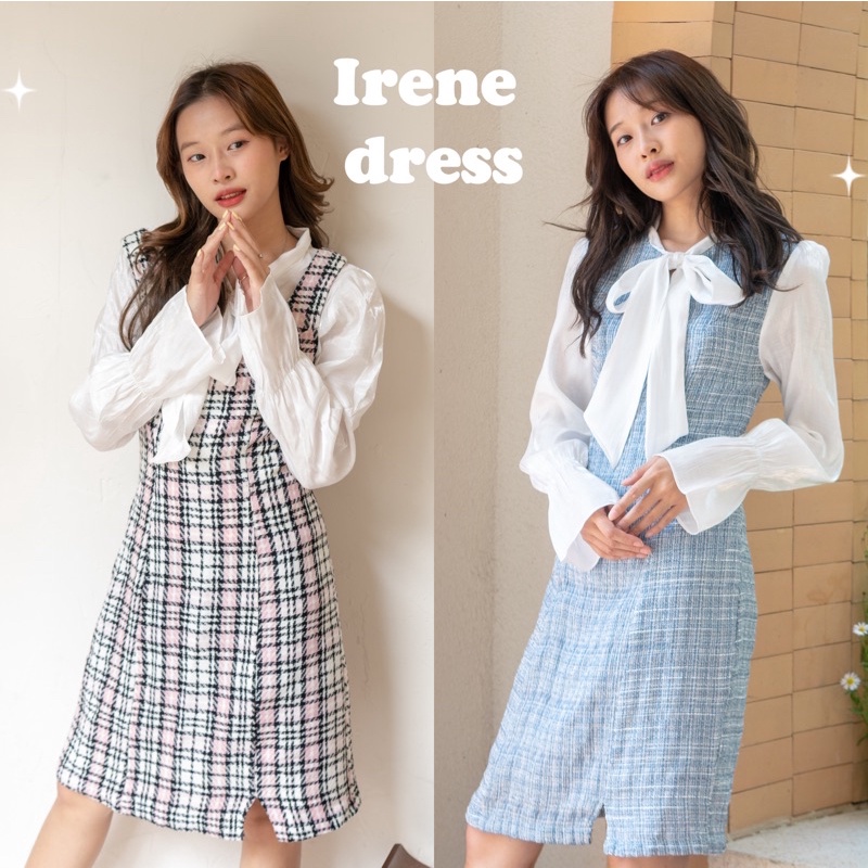 (Chayanista) New in มาใหม่! พร้อมส่งฟ้า/ชมพู Irene dress เดรสผ้าทวีต/ทวิตชาแนลลายตารางสกอตแขนยาวแต่ง