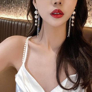 Korea Pearl Tassel Earrings Long Stud ต่างหูบุคลิกภาพ 2021 ใหม่อินเทรนด์เรียบง่ายต่างหูสีแดงสุทธิ