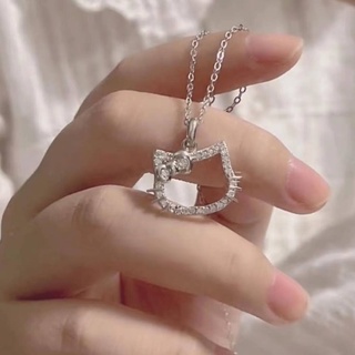 Sterling Silver HeIIokitty Hello Kitty Necklace Cute Girl KT Cat Diamond Pendant Jewelry for Girlfriend and Best Friend