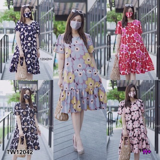 SK12042 Dress #สาวอวบ เดรสคอกลมลาย Marimekko ทรงปล่อยแต่งระบายที่ชายกระโปรง น่ารักฟรุ๊งฟริ๊ง ใส่ในวันสบายๆช่วงวันหยุดนี้