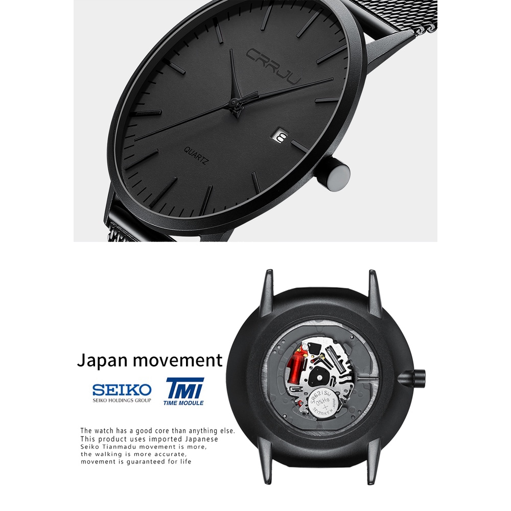 CRRJU Men Watch Black Stainless Steel Mesh Band Calendar Display Sports Waterproof Quartz Watch 2172