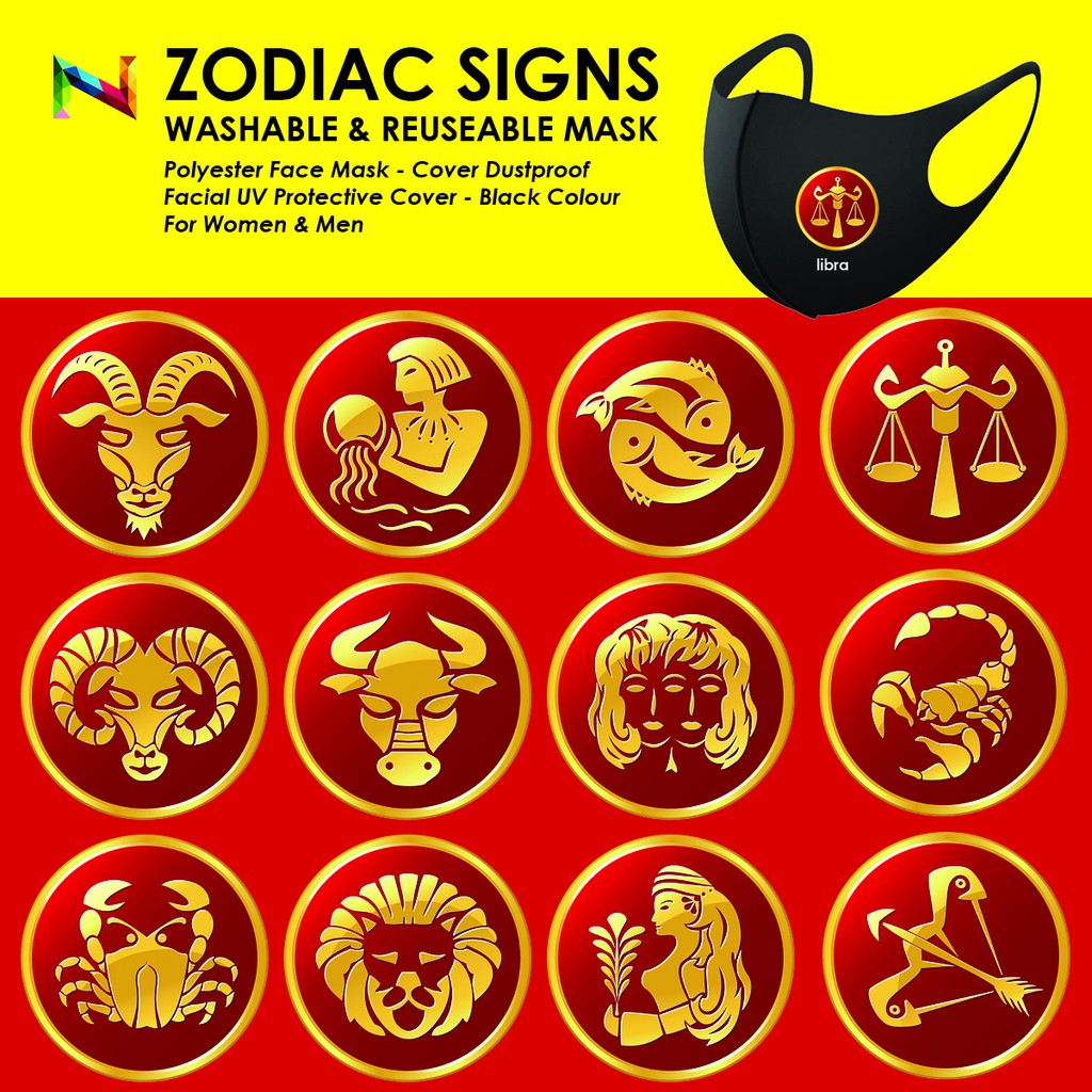 Zodiac Signs มาส์กหน้าสําหรับผู้ใหญ่ล้างทําความสะอาดได้ สบายสีสีดําโพลีเอสเตอร์ป้องกันฝุ่น