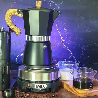 Set Moka Pot แบบสีด้ามไม้ 6 Cup + เตาไฟฟ้า iMix 500w