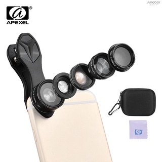 Apexel APL-DG5H 5 in 1 ชุดเลนส์โทรศัพท์มือถือ 198° Fisheye เลนส์มุมกว้าง 0.63X 15X เลนส์มาโคร 2X เลนส์กล้องโทรทรรศน์ CPL สําหรับสมาร์ทโฟน iPhone Samsung Huawei Xiaomi