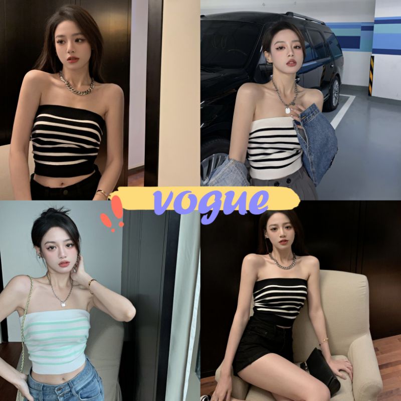 Vogueพร้อมส่ง เสื้อเกาะอกไหมพรม ผ้านิ่มลายทางใส่สบายน่ารักเกาหลีมาก (5275)