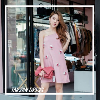 Arthitaya brand (Tarzan dress pink ) เดรสสายผูกโบว์ปาดไหล่ข้างเดี่ยว