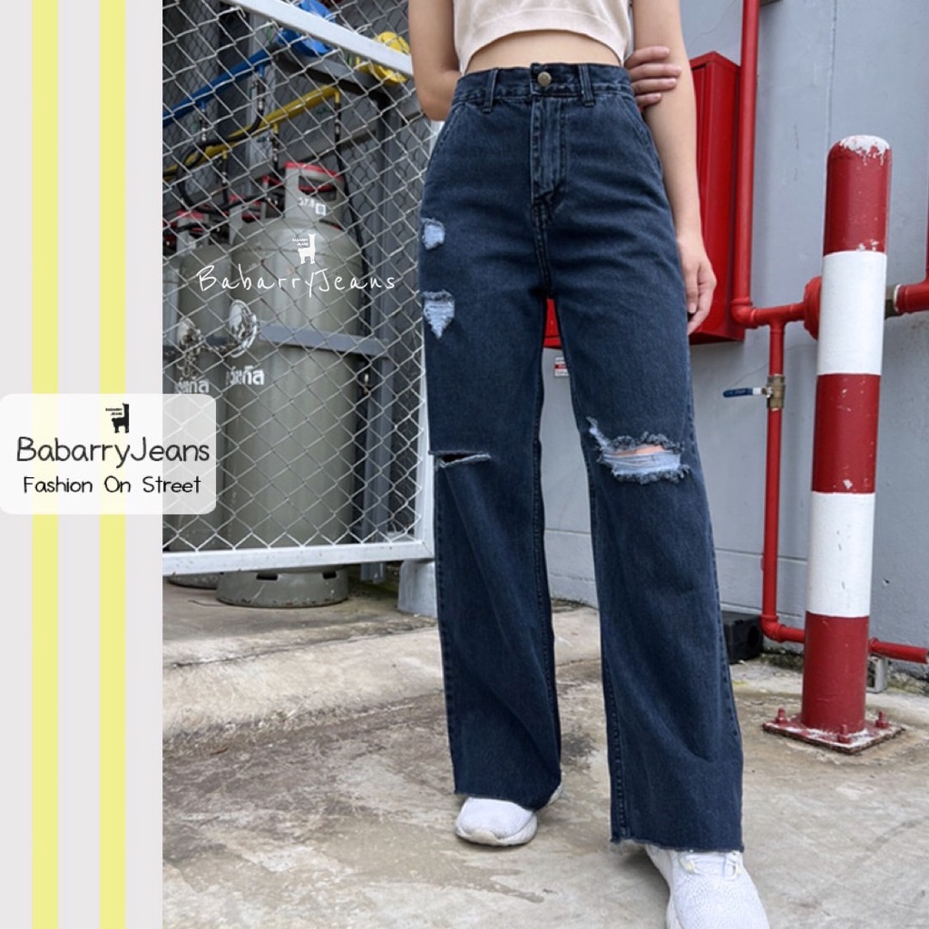 BabarryJeans ยีนส์ทรงกระบอก เอวสูง ยีนส์ขาด สีดำฟอก