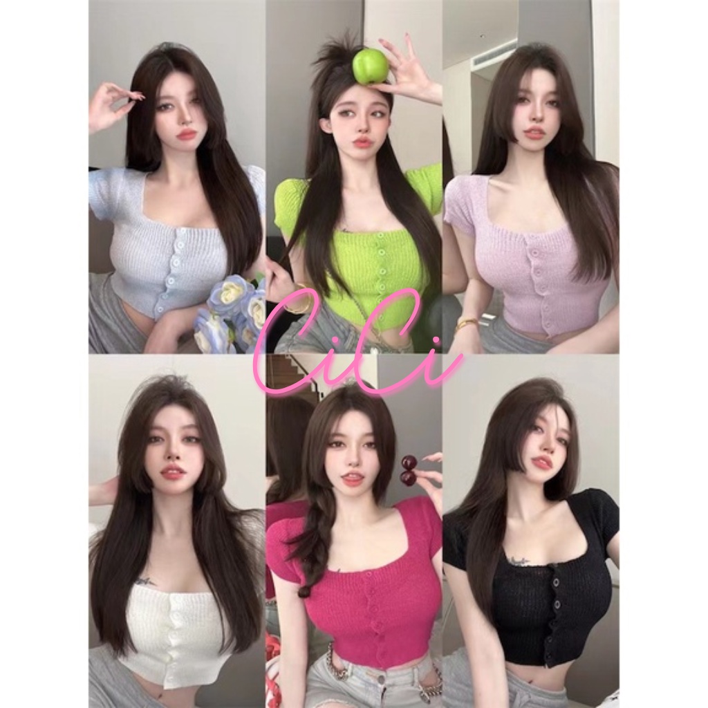 ส่งทันที Cici ❣🇹🇭🚚พร้อมส่ง❣(NO. 1408)เสื้อไหมพรมแขนสั้นผ้าซีทรูบางนิดๆคอกว้างกระดุมหน้า ใส่สบาย แบบชิคแมทซ์ง่ายมาก