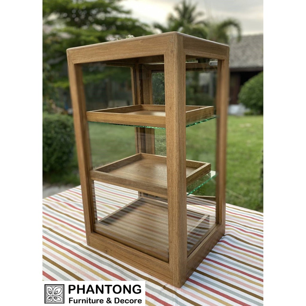 (ฟรี!!ถาด3ใบ) ตู้โชว์อาหาร เบเกอรี่ ผลิตจากไม้สักคัดลาย ย35xก30xส60 ทรงสูงตั้งโต๊ะ #ตู้ไม้โชว์ขนม อา