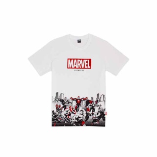 Marvel Men Flock Print Logo -T-Shirt - เสื้อยืดผู้ชายลายโลโก้อเวนเจอร์พิมพ์กำมะหยี่ (AVMTS-9303-WH) สินค้าลิขสิทธ์แท้100% characters studio