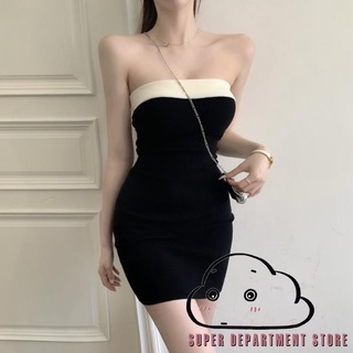 ❀NY◑Women´s Bodycon Mini Dress Fashion Strapless Contrast Color Slim Fit Knitted Tube Dress