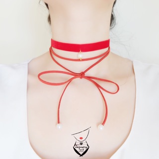 choker กำมะหยี่สีแดง 2 ขนาด จี้ปลายมุกขาว