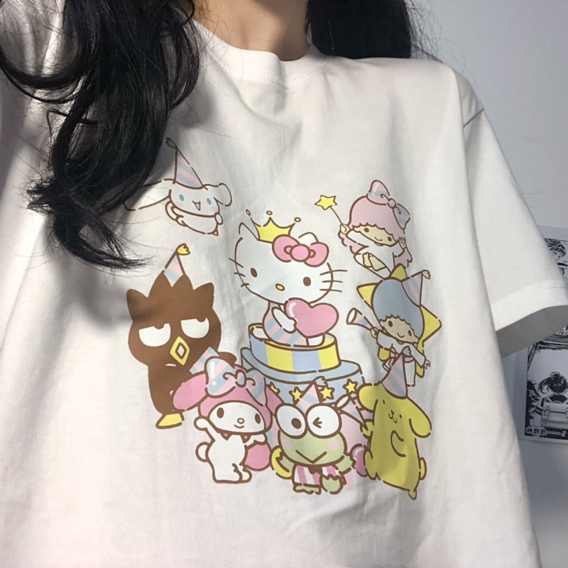 Korean Style Oversized Cute Cartoon Hello Kitty Printed Loose Short SleeveTT-shirt Women's #4