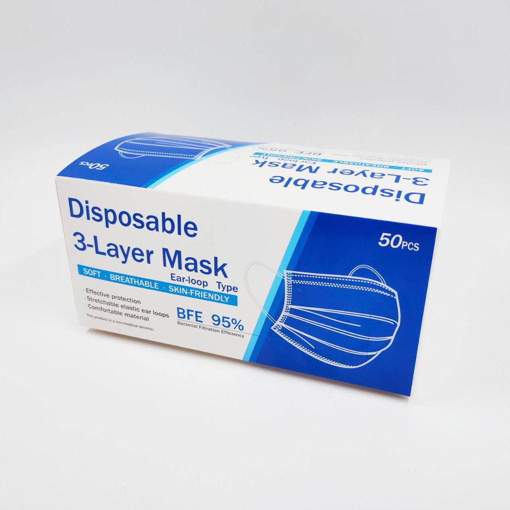 [พิมพ์โค้ด PSK0919 ลดสูงสุด 19 บาท] แมสสีฟ้า Face Mask หนา 3 ชั้น (1 แพ๊ค/50ชิ้น) 3 Ply หน้ากากอนามัย