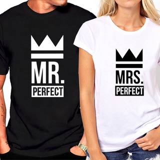 เสื้อคนอ้วน - ผู้หญิงเสื้อยืดจดหมายพิมพ์MRS.perfectตลกผู้หญิงคู่เสื้อยืดสําหรับคนรักแขนสั้นหญิงด้าน