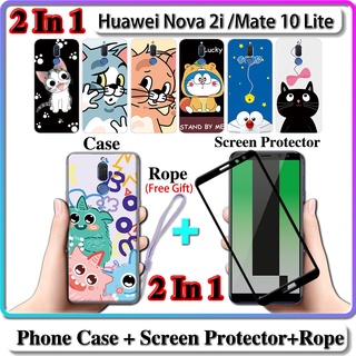 2 IN 1 เคส Huawei Nova 2i Mate 10 Lite เคส พร้อมกระจกนิรภัย โค้ง ป้องกันหน้าจอ เซรามิค ลายแมวและโดราเอมอน