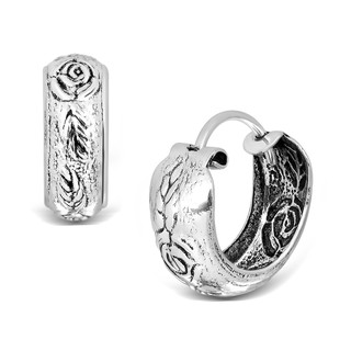 MachuSilver ต่างหูเงินแท้ 925 Sterling Silver แบบห่วง สไตล์บาหลี ลายดอกกุหลาบ พร้อมถุงกำมะหยี่