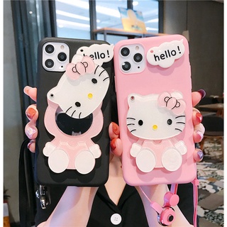 เคสโทรศัพท์มือถือ ลายเฮลโลคิตตี พร้อมกระจกแต่งหน้า และสายคล้อง สําหรับ Samsung S21 FE Galaxy S22 Plus Ultra A73 A53 A33 A23 A13 A03 Core