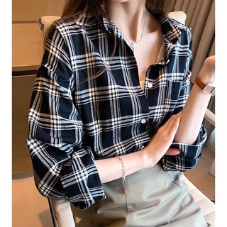 เสื้อเชิ้ตลายสก๊อตสวย ผ้าCotton ทรงOversize ฟรีไซส์ อก44”