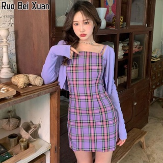 Ruo Bei Xuan เดรสลายสก๊อตสลิงเอวสลิงสไตล์ย้อนยุคใหม่สำหรับผู้หญิง