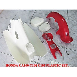 HONDA CA100 C100 C105 "RED" FRONT COVER "WHITE" SIDE COVER FENDER PLASTIC SET // ชุดบังโคลน บังลม เซ็ทขาว-แดง คุณภาพดี