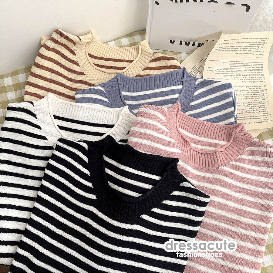 761 เสื้อไหมพรมลายทาง ไหมพรมคอกลมเก็บขอบ