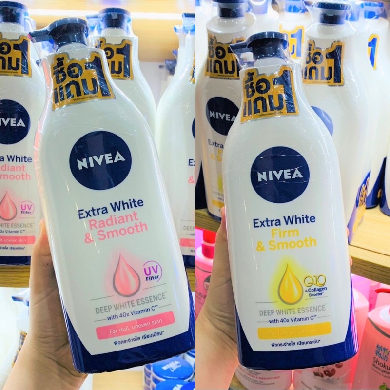 1 แถม 1 NIVEA Extra White Radiant & Smooth 600 ml. NIVEA Extra White Firm&Smooth lotion 600 ml. โลชั