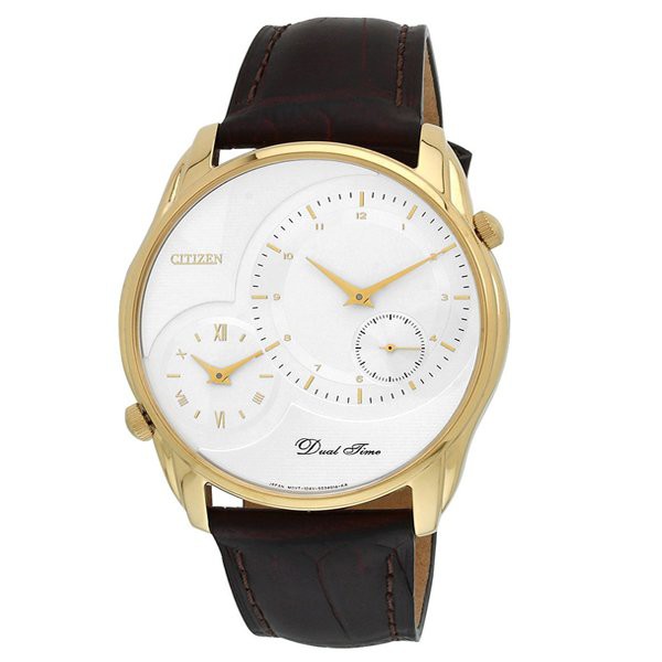 CITIZEN Analog White Dial Duo Time Men's Watch - AO3008-07A - สายหนังน้ำตาล / Gold