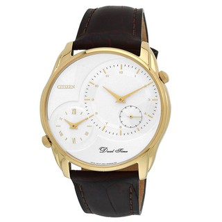 CITIZEN Analog White Dial Duo Time Mens Watch - AO3008-07A - สายหนังน้ำตาล / Gold