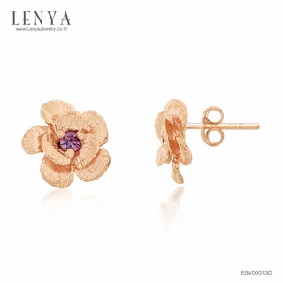 Lenya Jewelry ต่างหูทรงดอกไม้ ที่เกสรประดับด้วย SWAROVSKI ZIRCONIA สีม่วงแฟนซี ตัวเรือนเงินแท้ชุบสีพิงค์โกลด์