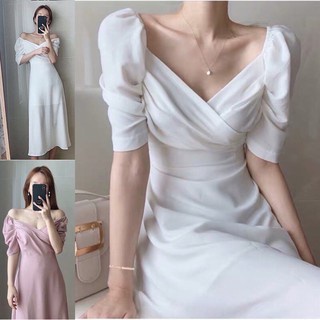 ❤พร้อมส่ง❤S-2XL เดรสสีพื้น ชุดเดรสออกงาน เดรสยาว เดรสสีขาว แมกซี่เดรส ชุดไปทะเล ชุดแต่งงาน