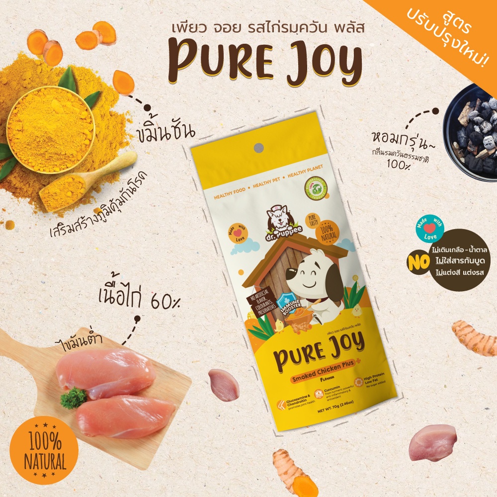 ล็อตใหม่ 2027 PURE Joy Smoked Chicken Plus+ เพียวจอย ขนมสุนัขเพื่อสุขภาพ สูตรไก่รมควันพลัส+ขมิ้นชัน เสริมภูมิคุ้มกัน 70g