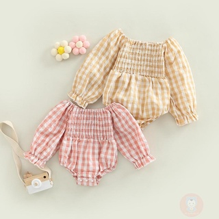 Laa6 ชุดรอมเปอร์ บอดี้สูท เปิดไหล่ แขนยาว ลายสก๊อต สําหรับเด็กผู้หญิง