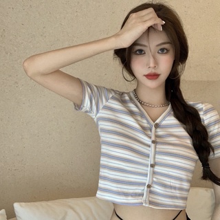 Suxi เสื้อท็อปแขนสั้น คอวี เอวสูง เข้ารูป ลายทาง แฟชั่นฤดูร้อน สําหรับผู้หญิง